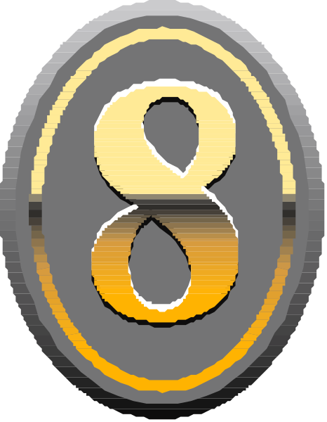 The image shows a logo with an emblem that resembles a shield featuring two crossed swords on either side of what appears to be a keyhole in the center. Above this symbol is text reading "8" and below it, there's another number "0". To the left of these numbers are three vertical lines forming part of the design or possibly representing bars within an emblematic shield shape. The background color behind all elements seems dark grey to black with a subtle gradient effect towards lighter shades at the bottom edge where some light reflection is visible, suggesting metallic properties for this