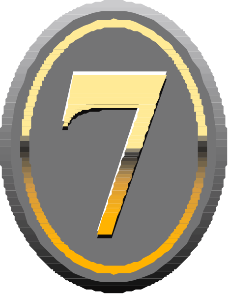 The image shows a logo with an emblem that resembles a shield featuring two crossed swords on either side of what appears to be a crown atop them; in front is a number "7" enclosed within a circular band, and above this circle there's another smaller ring containing the text "SEVEN". The background behind these elements has an abstract design with shades of gray.