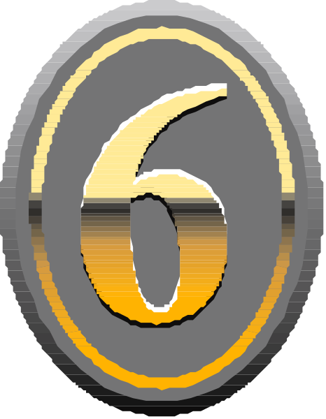 The image shows a stylized number six with an orange glow effect on it against a dark background.