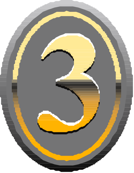 The image shows a stylized icon with three vertical bars of varying lengths inside an oval shape that resembles a badge or emblem.