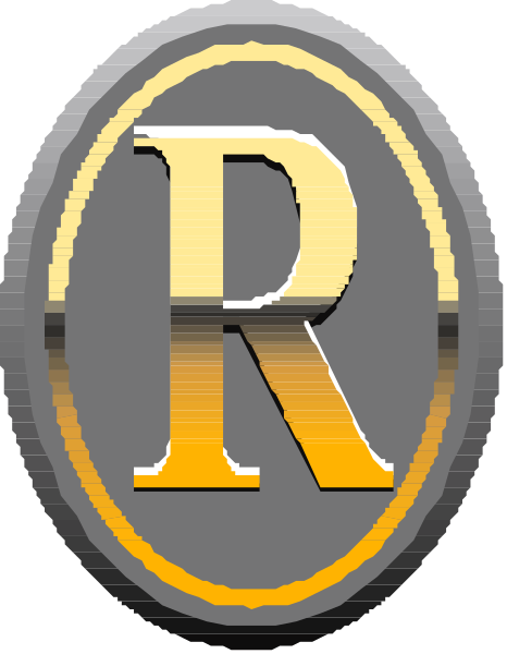 The logo of a company with an emblem that resembles a shield featuring two crossed swords on either side above a banner bearing text; below this is another smaller banner containing additional text in capital letters, all set against a gradient background transitioning from dark to light grey at the top.