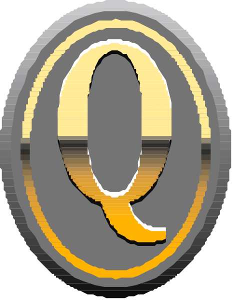 The logo of a company named "Q". It features an orange letter 'Q' with two vertical lines on either side in white color against a gray background.