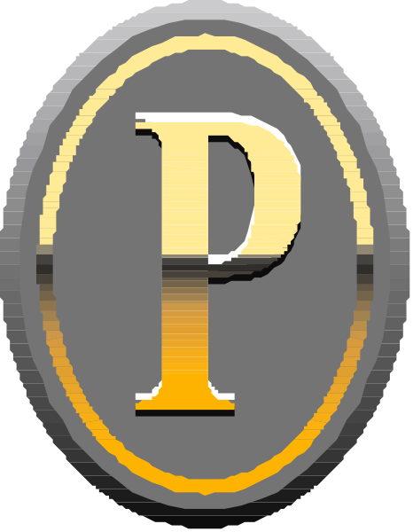 The logo of a company with an emblem that resembles a shield featuring two crossed swords on either side of what appears to be a crown atop it all; below this is text in capital letters reading "P".