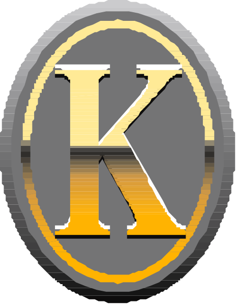 The image shows a logo with stylized lettering that reads "K" inside an oval shape, set against a gradient background transitioning from dark to light gray at top left corner of the square frame containing it; there is no additional context provided about objects or setting within this clip-art.