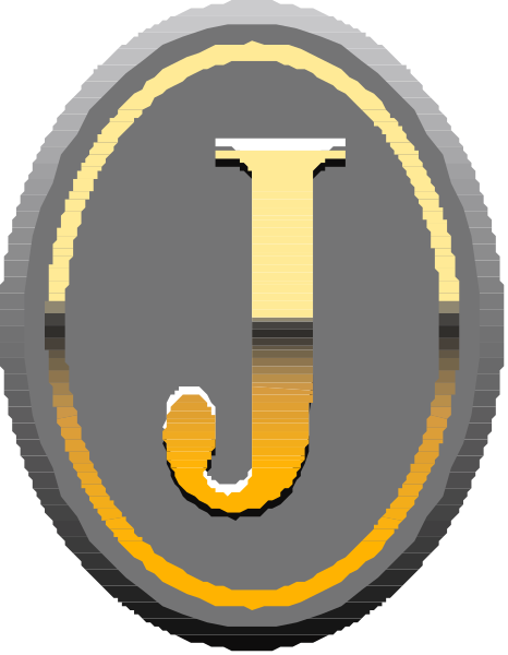 The logo of a company with an emblem that resembles a shield containing two crossed swords on either side of a central letter "J".