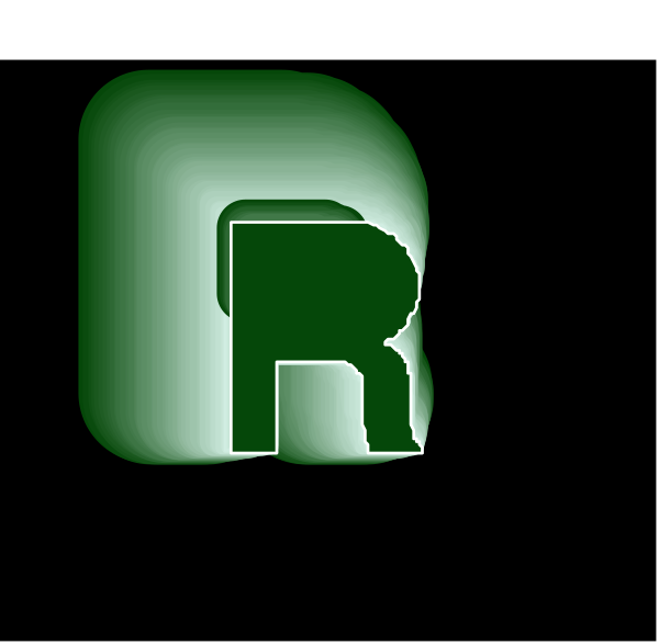 The image shows a logo with an abstract design that includes green shapes resembling leaves on either side of what appears to be a stylized letter 'R' in white against a black background.