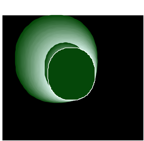 The image shows a green circle with two white circles inside it against a black background on what appears to be an electronic device screen displaying this graphic as part of its interface.
