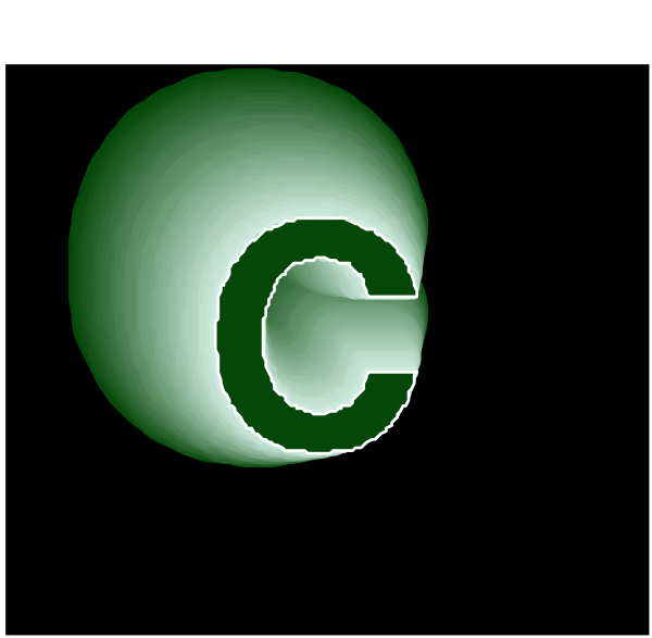 The image shows a green letter 'C' on top of another smaller white circle with an outline that resembles a stylized globe against a black background.