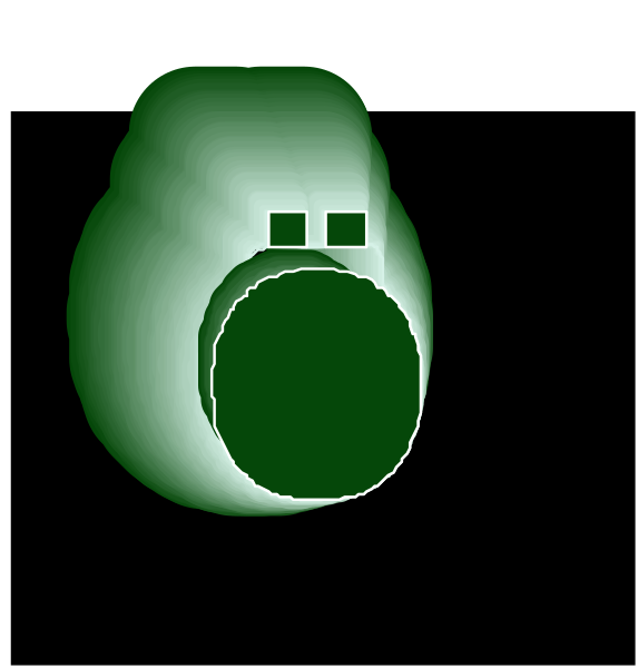 The image shows a green circle with two faces on it against a black background; to its right is another smaller picture of an orange face in profile view also set against a dark backdrop.