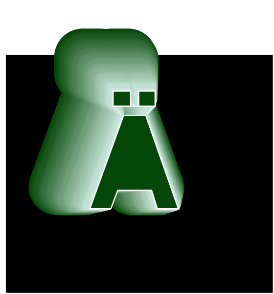 The image shows a green letter 'A' on top of another object that appears to be an abstract representation resembling a building with two visible windows in white against a black background.