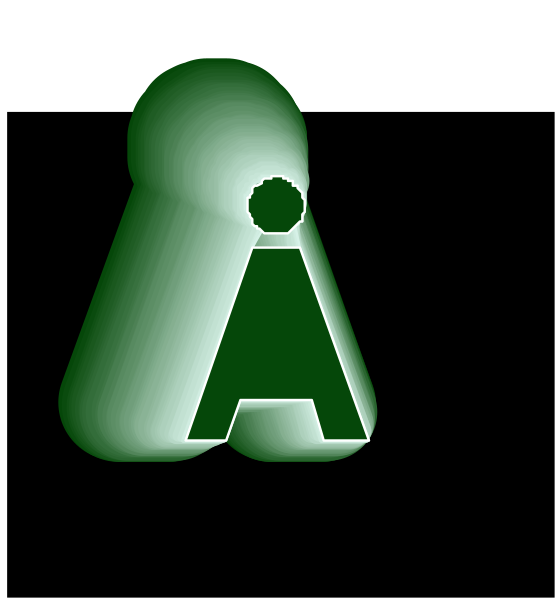 The image shows a green letter 'A' on top of another object that appears to be an abstract representation of something with two protrusions at its ends; it is set against a black background.