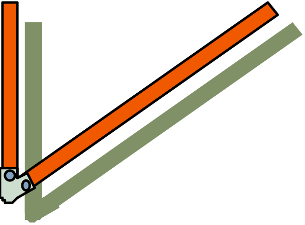 The image shows a simple line drawing of three red lines on white background with two black dots at each end indicating points where light might be emitted from one point to another in what appears to represent an optical illusion, possibly related to perspective and visual perception.