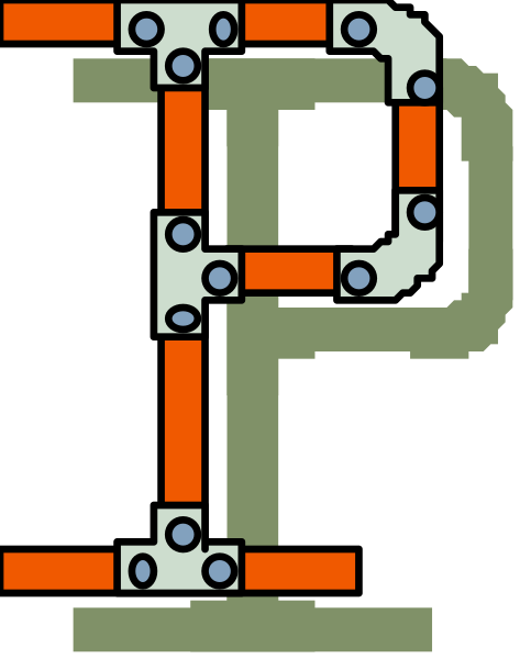 The image shows a pixelated graphic of an alphabetical letter "P" with red lines connecting it to other letters in what appears to be a word puzzle game layout on a dark background.