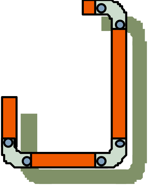 The image shows a simplistic black and white diagram of an object that resembles a mechanical structure with various parts connected in sequence; it appears to be some kind of contraption or machine layout without any text present, focusing on geometric shapes such as rectangles and circles within its design.