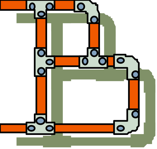 The image shows a pixelated representation of an electronic circuit board with various components such as resistors (red), capacitors (blue), diodes (white) connected by wires to form pathways between them, all set against a black background.