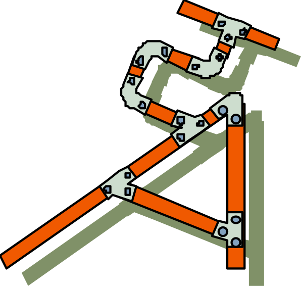 The image shows a black and white illustration of an intricate mechanical structure resembling a bicycle with various gears and components interconnected by red lines against a dark background.