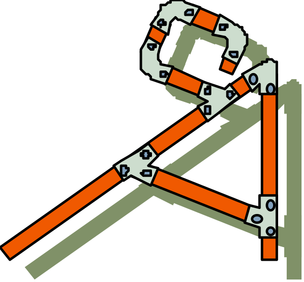 The image shows a black and white illustration of an object that resembles a robot with various mechanical parts connected to it in different directions, giving off a sense of complexity and intricacy within its structure.
