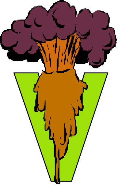 The image shows a cartoon of an explosion with flames at its base next to what appears to be a carrot-like object on top.