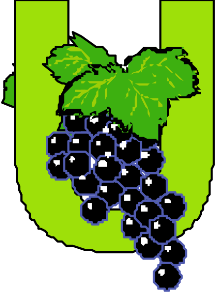 The logo features a bunch of grapes with leaves on top left corner inside an oval shape that is colored green at its bottom half and yellow above it; below this emblematic design there's text reading "U" in bold black letters, which stands for University or Universitatis.