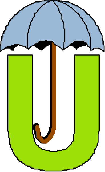 The image shows a cartoon umbrella with an open canopy featuring two distinct sections: on top is blue sky, while below it appears to be raindrops in green hues; there's also what looks like a brown stick figure holding onto the handle of the umbrella from within.