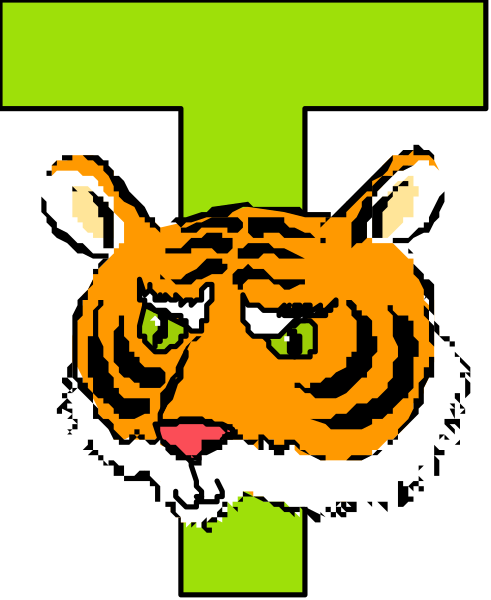 The image shows a graphic of an orange tiger's head with human eyes looking downwards to its right side, superimposed on top is a green letter 'T'.