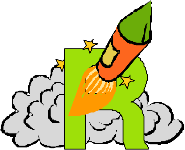 The image shows a cartoon of an animated rocket launching from what appears to be a green letter 'R' with smoke trails behind it against a black background.
