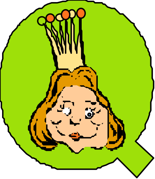 The image shows a cartoon of an elderly woman's face with her hair styled into a crown shape on top of it; she has glasses over one eye and is wearing what appears to be a tiara, possibly made from playing cards.
