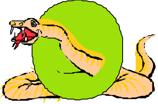 The image shows a cartoon depiction of an animated snake with its mouth open wide as if roaring, surrounded by green smoke that suggests movement; it is set against a black background which contrasts sharply with both the white text and the colorful elements within the frame.