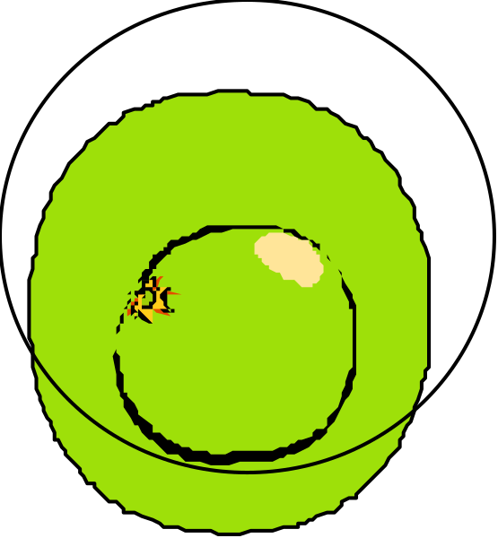 The image shows a green ball with an apple inside it on top of another object that appears to be a bowl or container in black-and-white mode against a dark background; there is no text present within this small clip-art image, and all objects seem stationary without any actions taking place.