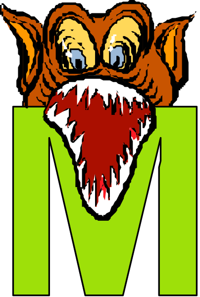 The image shows a cartoon of an anthropomorphic creature with exaggerated features resembling a dog's head wearing sunglasses over its eyes; it has sharp teeth showing from beneath them. Below this character is a large, bold letter "M" in green and yellow colors against the background that appears to be grayish-brown or black.