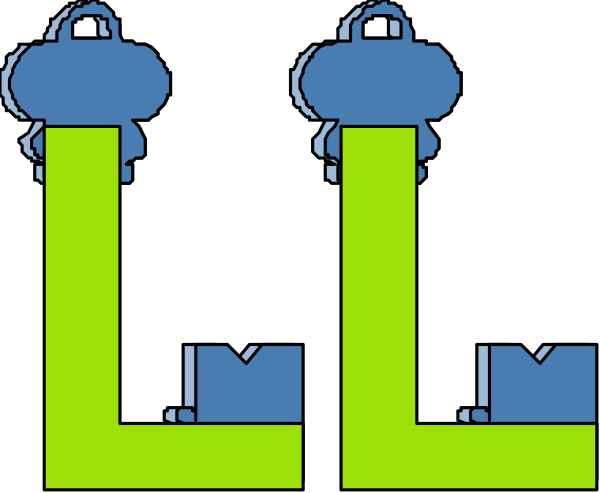 The image shows a pixelated representation of three characters with green bodies standing on top of each other against a black background; there is also an "L" shape in yellow at their feet that resembles stairs, and above them floats another character's head wearing glasses.