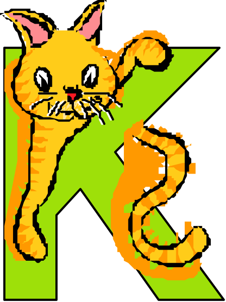 The image shows a cartoon cat with an exaggerated smile standing next to a large letter "K".