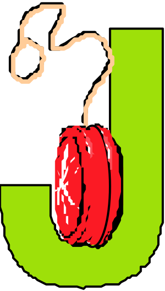 The image shows a cartoon of an orange with two eyes drawn on it hanging from what appears to be a hook above a letter 'J'.