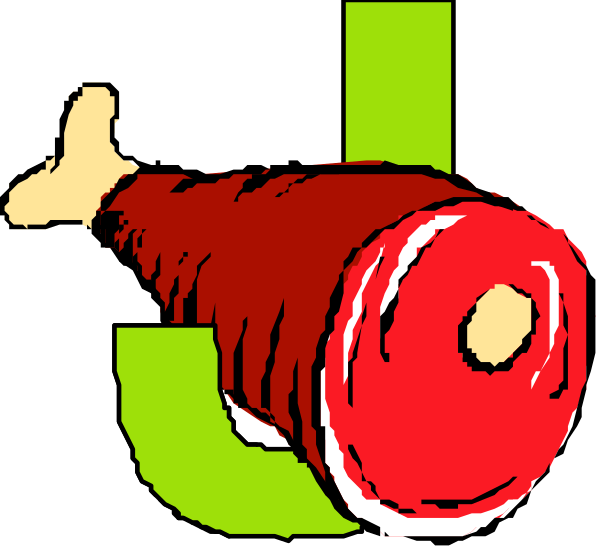 The image shows a cartoon of an uncooked sausage with meat on it placed next to what appears to be a piece of red meat in its natural state within a green border that resembles grass, suggesting this is set outdoors during daylight hours under clear skies.