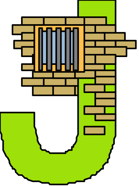 The image shows a stylized graphic of an old brick wall with bars on it to resemble prison bars, next to which is a large letter "J" in bold yellow font that has been creatively designed as if made from bricks and mortar like the wall itself.