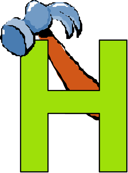 The letter "H" with a blue ribbon around it on top of an orange background.
