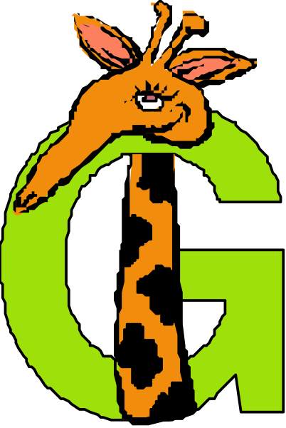 The image shows a cartoon giraffe with its tongue sticking out playfully next to an oversized letter "G".