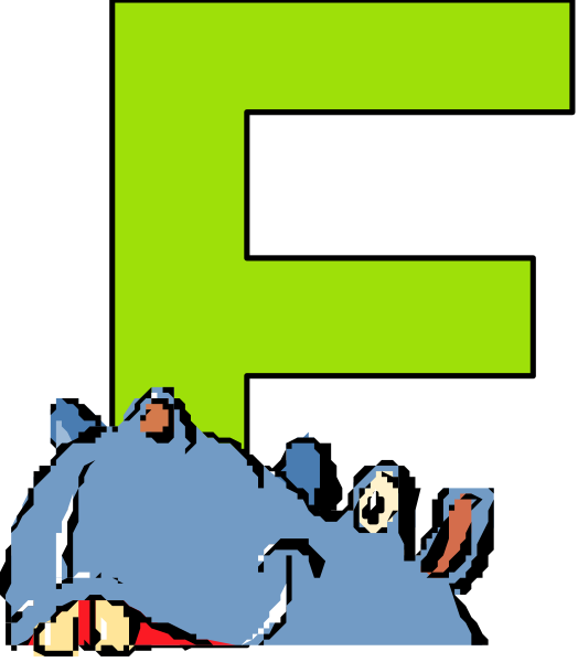 The image shows a graphic with an alphabet letter "F" on top of it, followed by what appears to be a cartoon character that resembles Eeyore from Winnie-the-Pooh below the 'f'.
