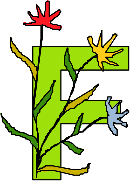 The image shows a stylized graphic with an abstract design featuring various shapes that resemble plants against a dark background; there is also text in white font reading "F" on top of this patterned area, and below it appears to be three small figures or icons colored yellow, blue, and green. These elements are arranged within the confines of what looks like an emblematic border with decorative lines around them. The style suggests a playful yet artistic representation that could symbolize nature or growth themes in contexts such as environmental awareness campaigns or educational materials related to botany or