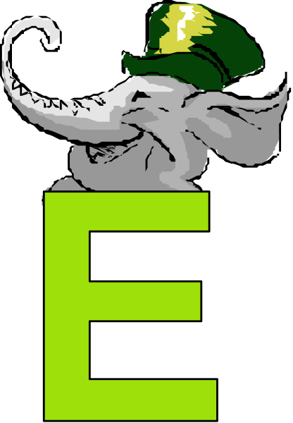 The image features a stylized elephant wearing an E on its forehead with a green background that has white text reading "E".
