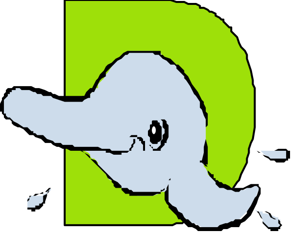 The image shows a cartoon elephant with its trunk raised upwards next to an abstract representation of what appears to be a letter 'D'.