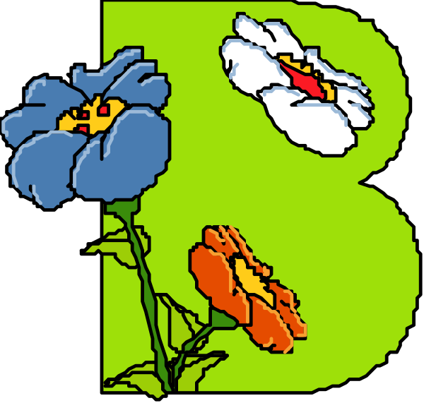The image displays a colorful logo with stylized flowers of different types arranged around an abstract letter "B".