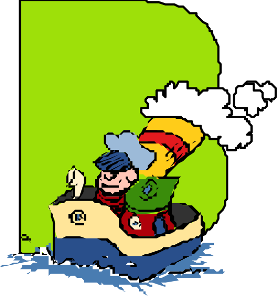 The image shows a cartoon of an old boat with smoke coming out from its chimney on top left corner against blue sky background; in bottom right is another smaller clip-art depicting same type of ship but without any people, set within green border and white clouds backdrop.
