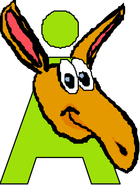 The image shows a cartoon donkey's head with an alphabet letter 'A'.