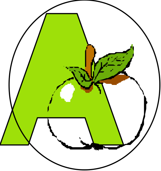 The images show a sequence of three different designs featuring an apple with leaves on it:

1) A green apple is placed in front of two white letters "A" that form the shape of a letter 'a'.