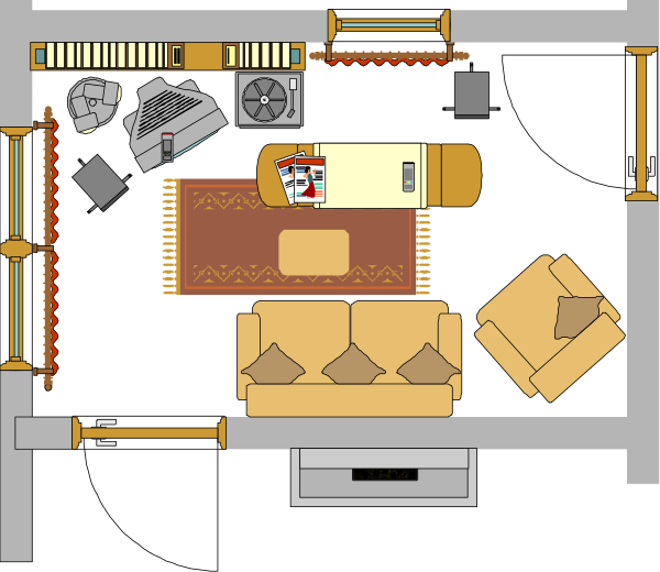 The image shows a stylized living room with furniture including couches, chairs, tables; appliances such as an oven, refrigerator, microwave, sinks, washer-dryer machine and dishwasher; various household items like books, remote controls, bottles, bowls, cups, vases, a clock on the wall. The room is furnished with brown furniture against white walls, there's no visible human or animal activity in this image.
