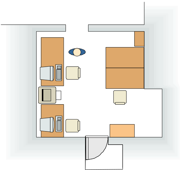 The image shows a floor plan of an apartment with labeled rooms: living room (with furniture), kitchen (equipped with appliances like oven and refrigerator), bathroom, bedrooms, dining area, hallway leading to other areas, stairs going upwards, and doors indicating separate spaces within the layout.