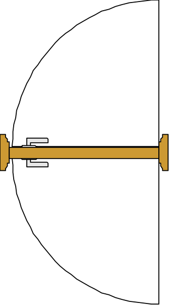 The image shows a black and white photo of an object with two distinct parts: on top is a yellow cylindrical part that appears to be connected by a silver hinge at one end; below it is another, smaller section featuring what seems like a handle or lever in its center.