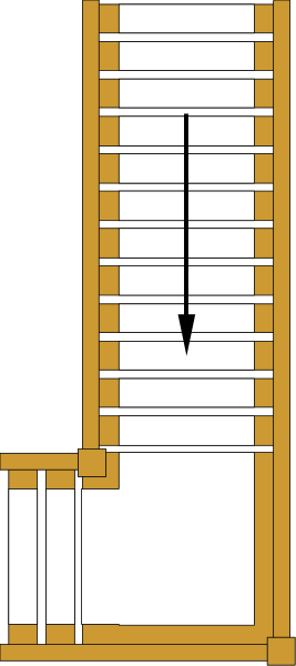 The image shows a simple black and white line drawing of an open door with stairs leading up to it on what appears to be a gray background.