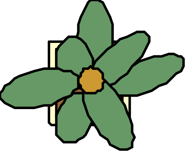 The image shows a simple line drawing of two flowers with green leaves against a black background.